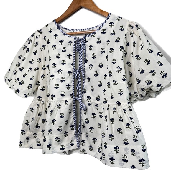 &Merci Puff Sleeve Peplum Blouse Women's Size L Blue Boho Floral Print Tie Neck - Picture 3 of 8
